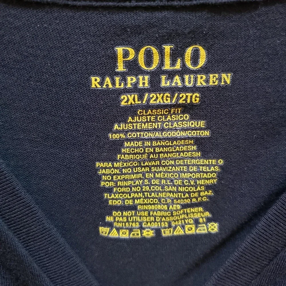 Polo Ralph Lauren Shirt Mens 2XL Blue V-Neck‎ Classic Fit Cotton Logo Tee Jersey